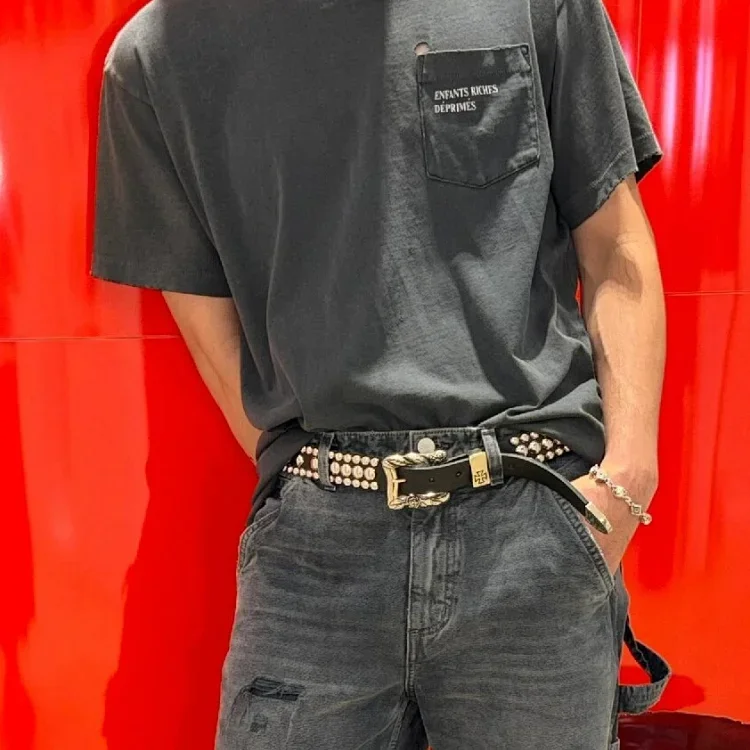 Erd Melancholy Rich Second Generation Three-Row Nail Cross Imported Cowhide Belt